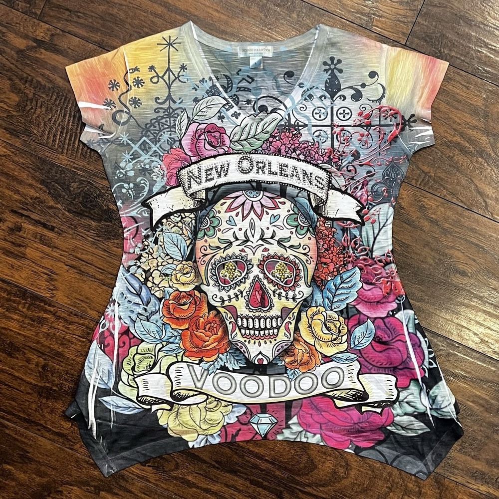 Y2K New Orleans Shirt Voodoo Rhinestone Skull Graphic Mardi Gras Women's Large